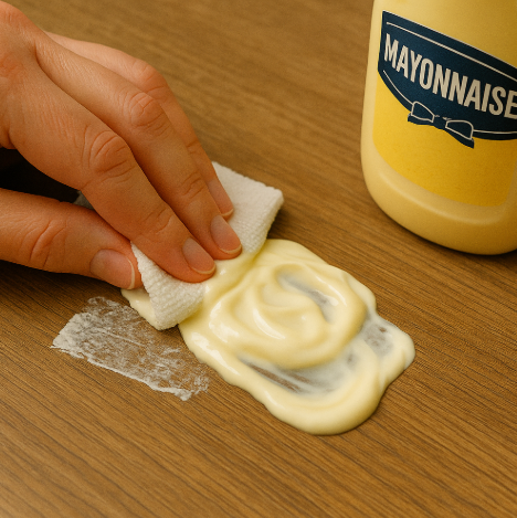 마요네즈를 통해 스티커 자국 제거하는 모습