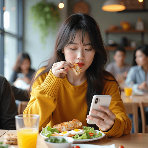 식단관리앱을 보면서 도시락 먹는 여성
