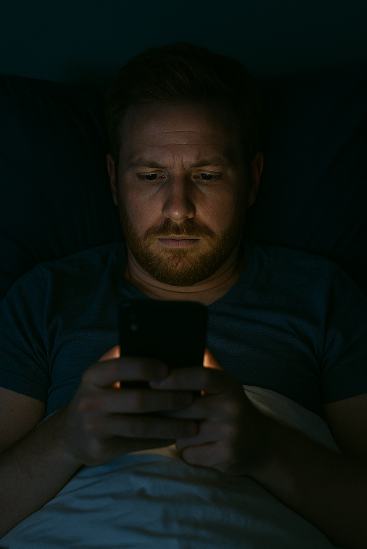 밤늦게까지 핸드폰을 보고있는 남자 이미지