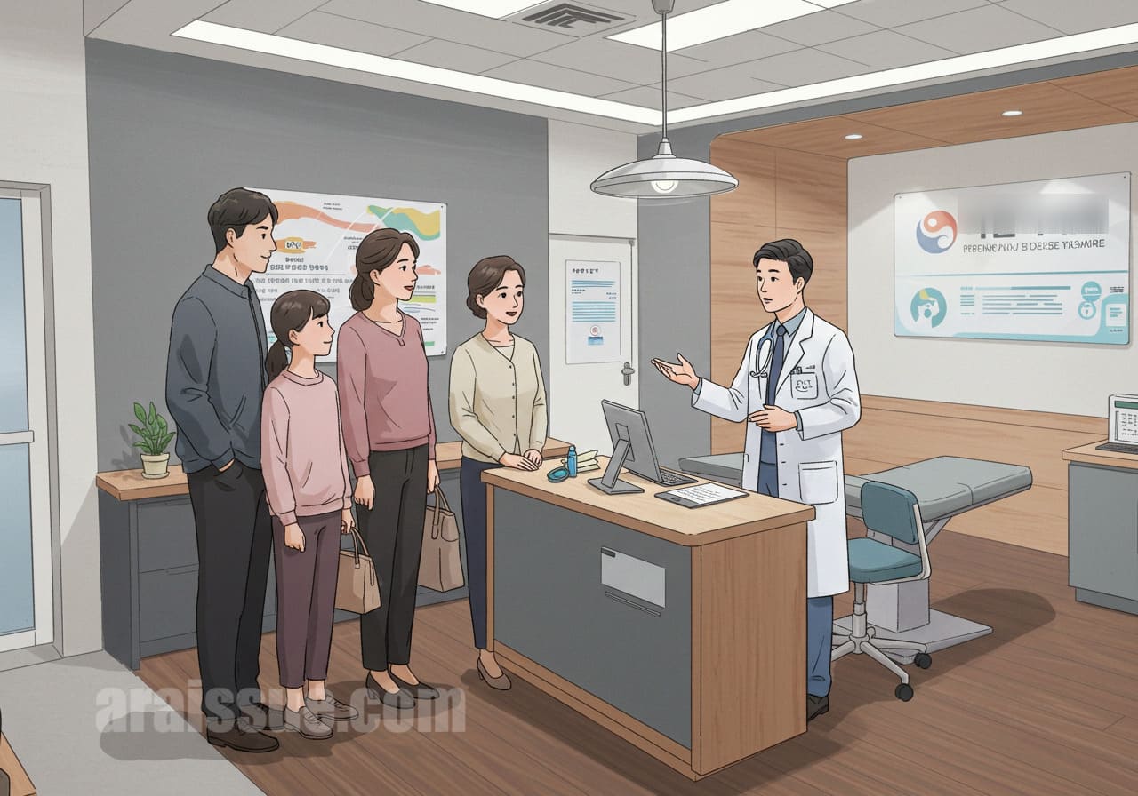 한국 가족이 의료 옵션에 대해 의사와 논의하는 모습, 밝은 병원 대기실, 가족 친화적인 환경