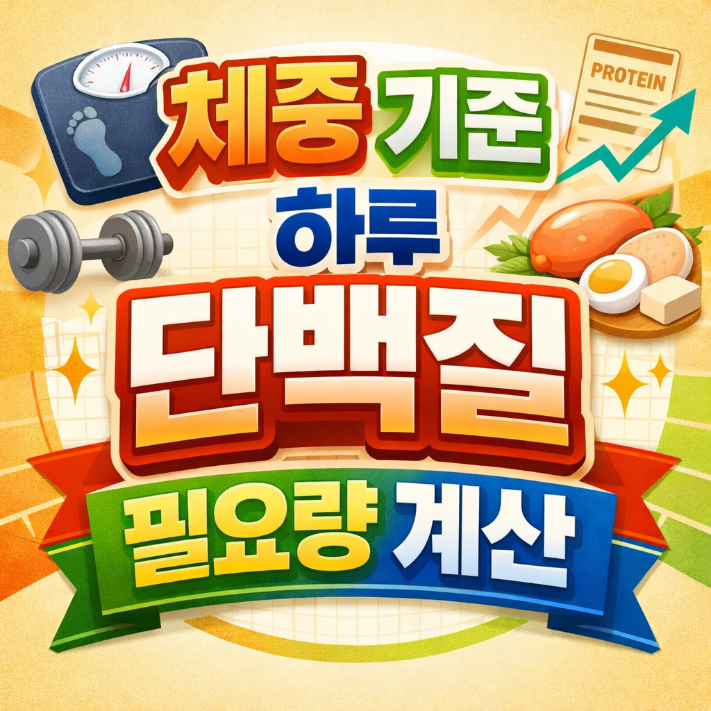 체중 기준 하루 단백질 권장 섭취량과 필요량 계산 방법을 안내하는 이미지