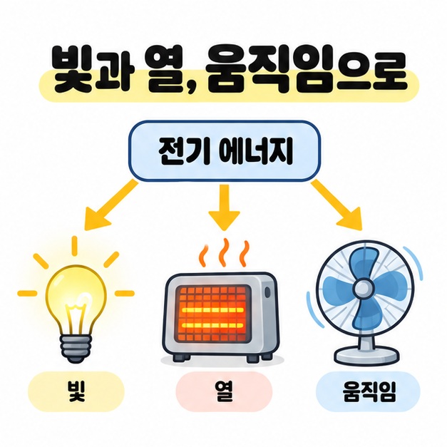 전기 에너지가 전등의 빛, 난방기의 열, 선풍기의 움직임으로 바뀌는 분기 그림