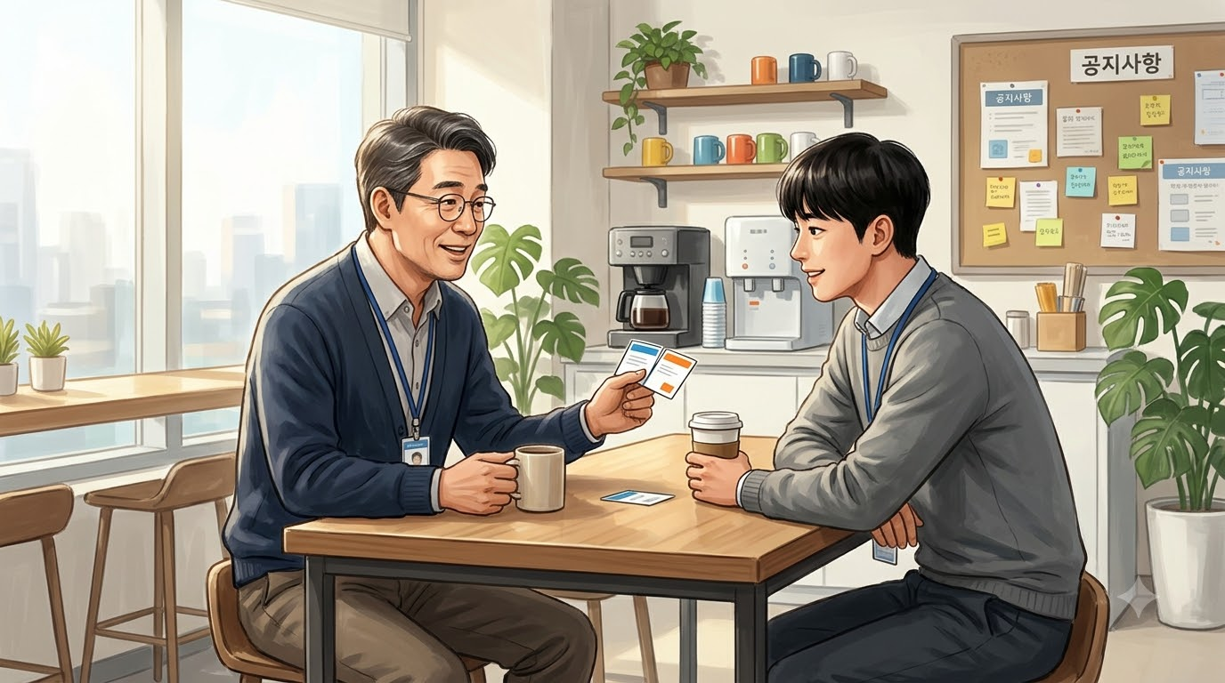 회사 휴게실에서 커피를 들고 젊은 후배에게 카드 두 장을 보여주며 설명하는 50대 선배