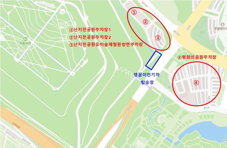 지도에 하늘공원 주변 주차장 정보를 표시한 이미지 입니다.