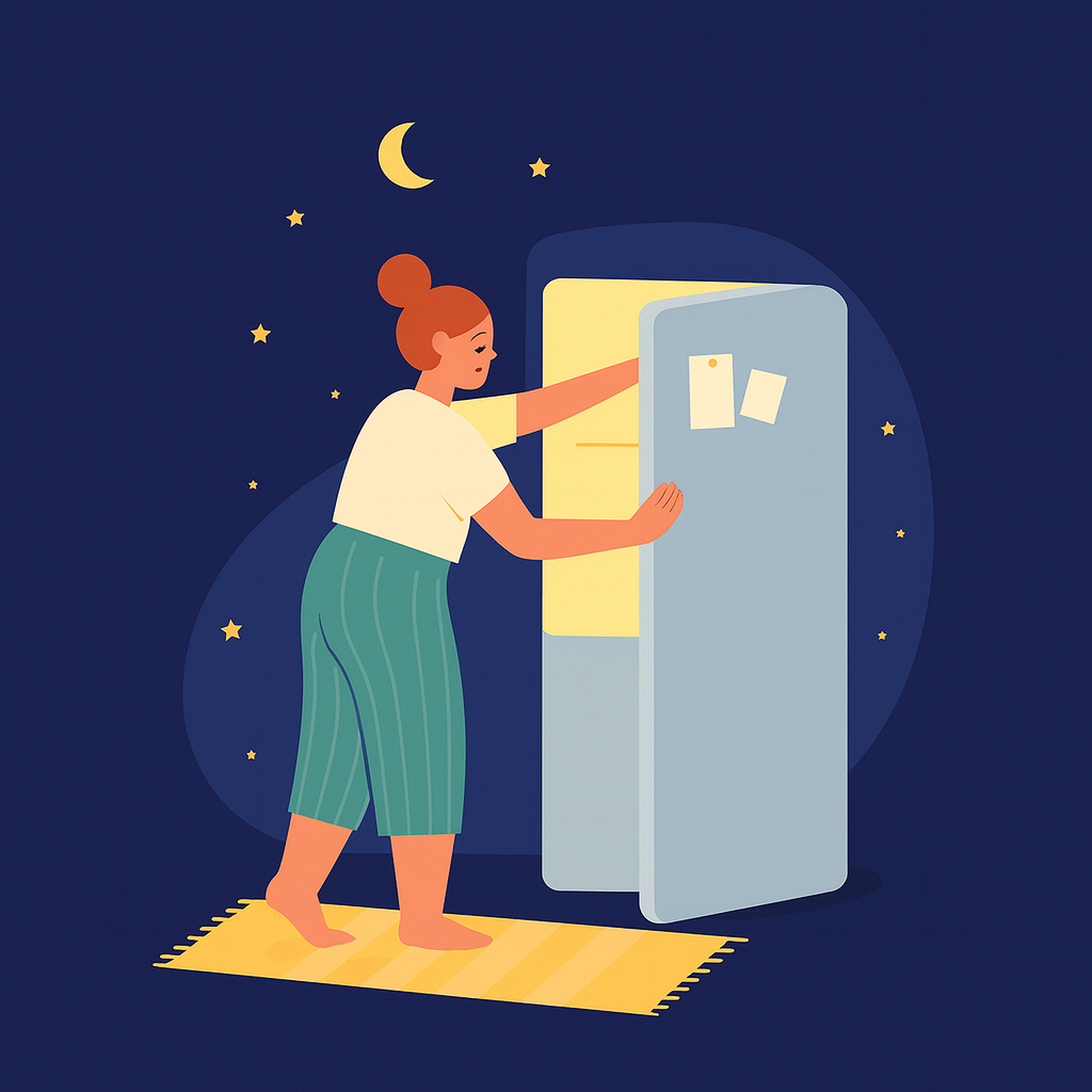 밤중에 냉장고를 여는 여성을 묘사한 감정과 음식 중독 상징 일러스트