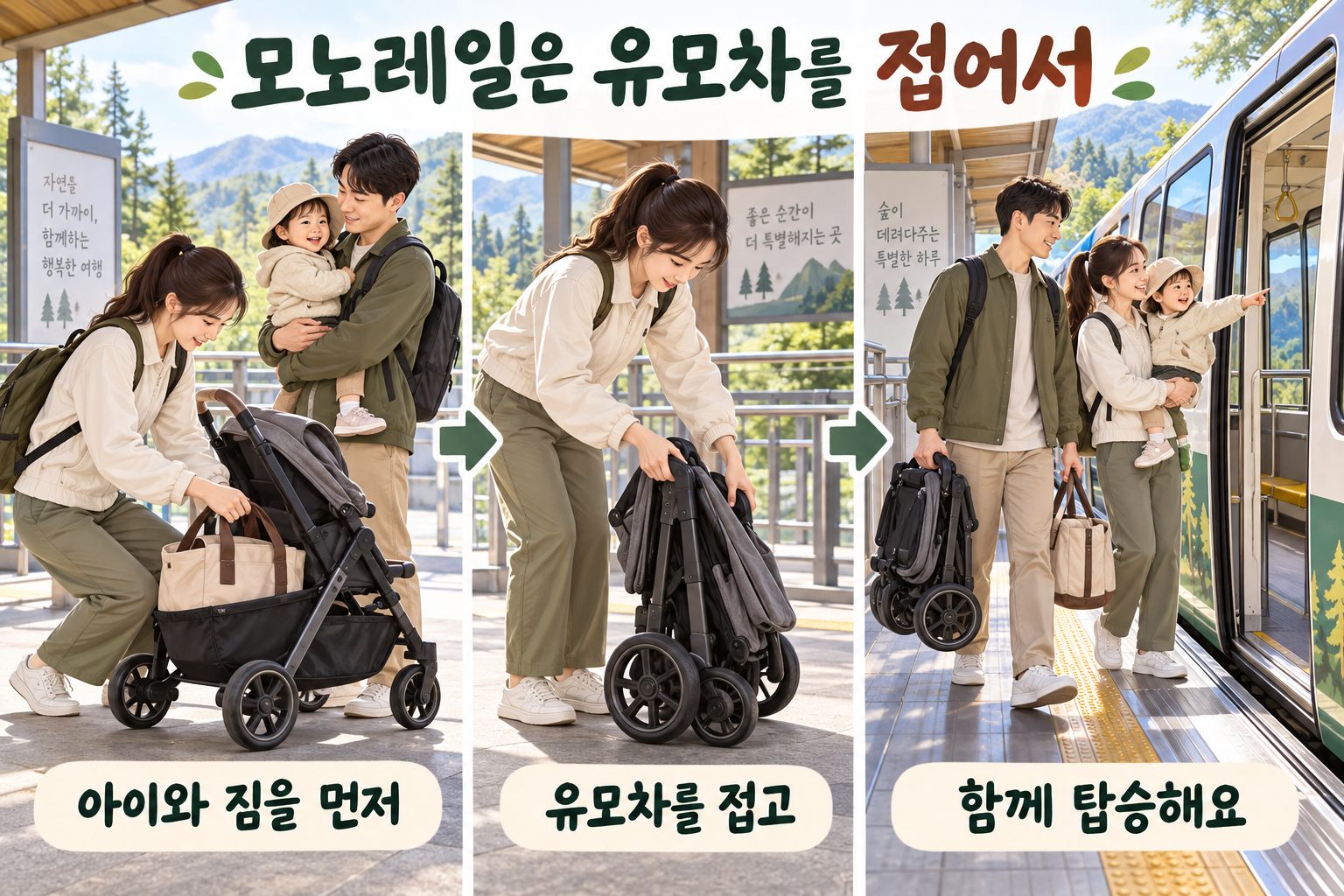 아이를 동행자에게 맡기고 짐을 분리한 뒤 유모차를 접어 모노레일에 타는 순서