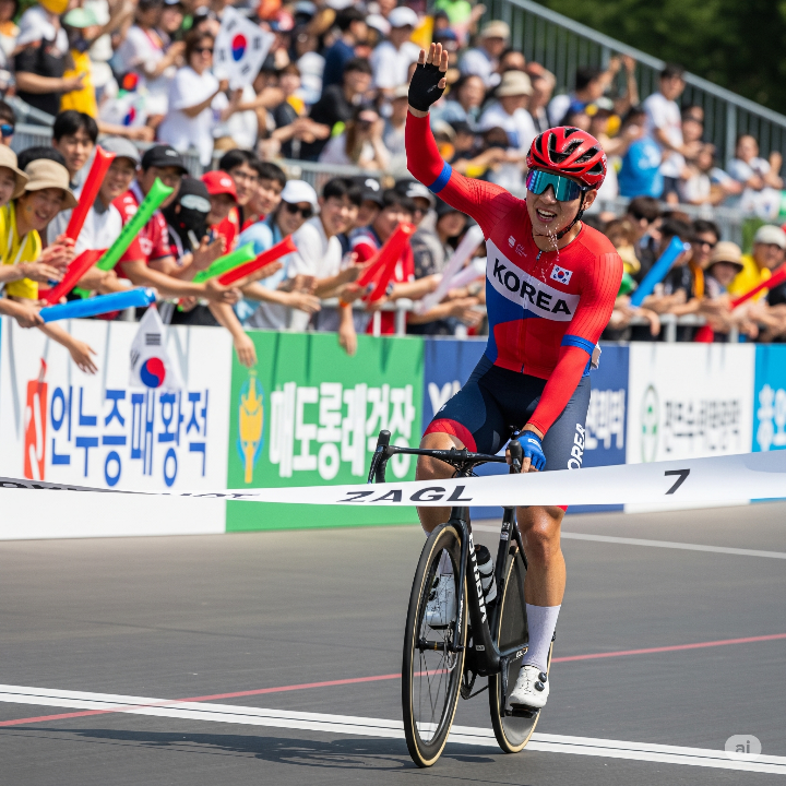전국체전 사이클 경기 중 선수가 관중을 향해 손을 흔들고 있는 모습. 많은 관중들이 응원 도구를 들고 있다