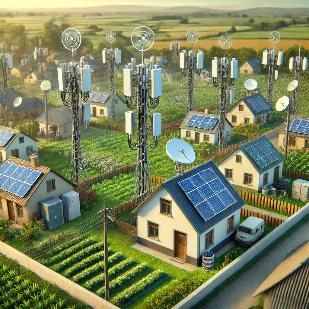 작은 마을에 옥상, 전봇대, 텃밭 근처에 설치된 LoRa 통신 노드 – TTGO, Heltec 장비가 안테나와 태양광과 함께 구성된 생존형 메시 네트워크