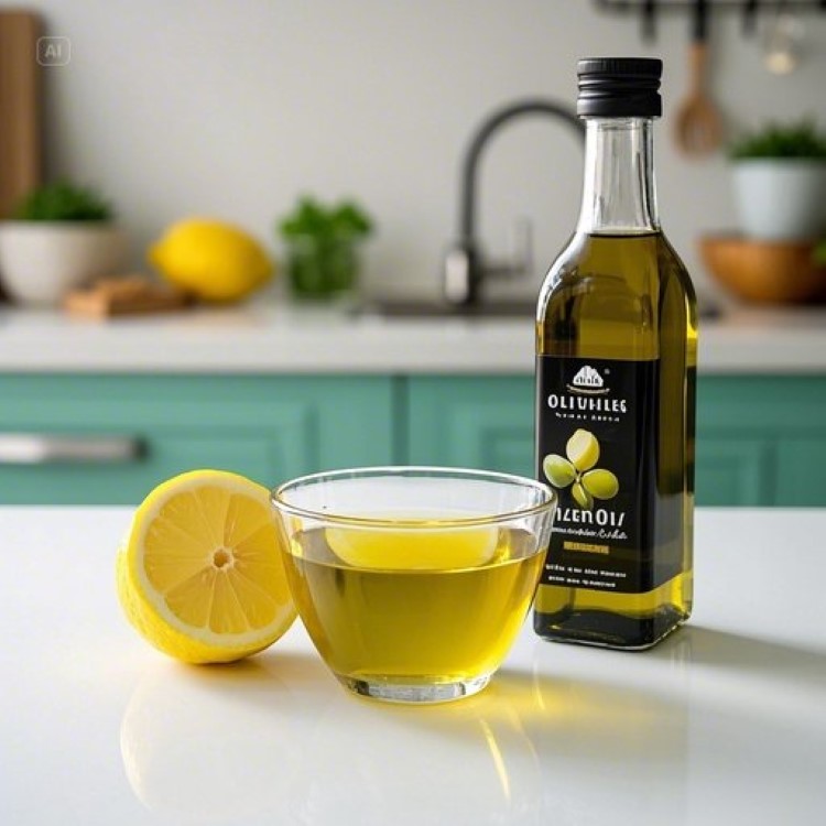 깨끗한 흰색 테이블 위에 투명한 유리컵에 담긴 올리브오일과 레몬즙 혼합물, 옆에는 반으로 자른 신선한 레몬과 엑스트라 버진 올리브오일 병이 놓여있는 밝고 깔끔한 이미지. 자연광이 들어오는 주방 배경으로 건강하고 신선한 느낌을 강조.