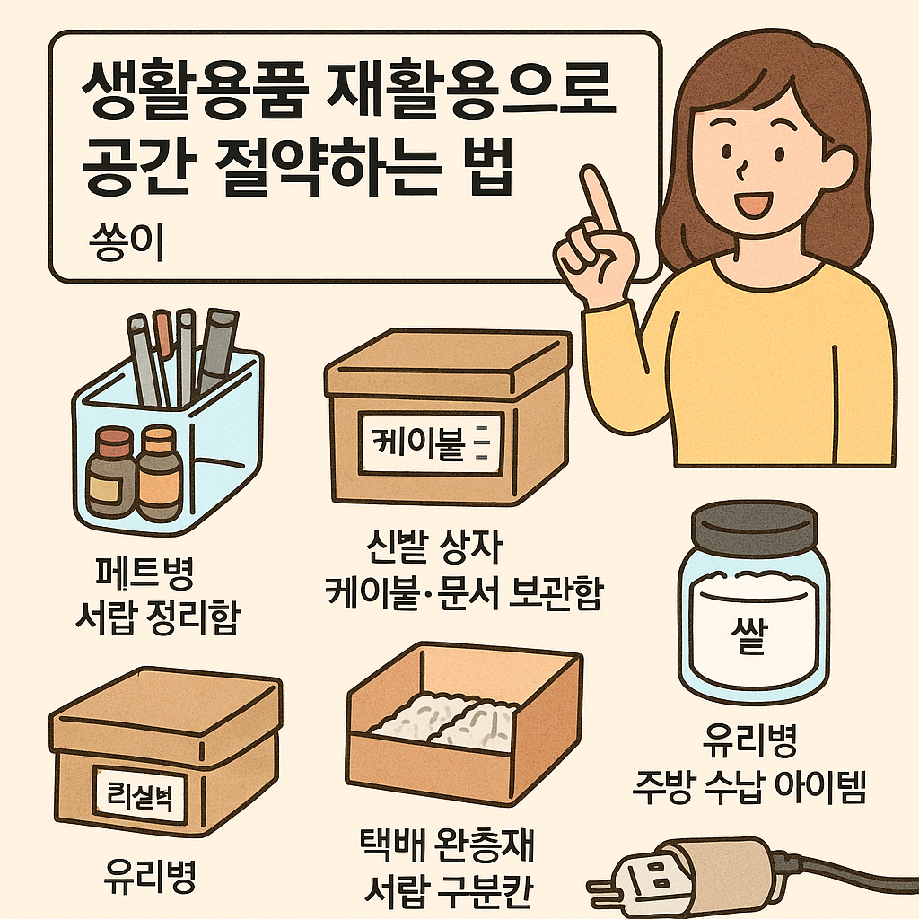 생활용품을 재활용하여 공간을 절약하는 다양한 아이디어를 설명한 한국어 만화형 일러스트. 정리함, 수납박스, 페트병 화분, 양념 정리함, 플라스틱 용기 등을 활용한 생활 꿀팁이 캐릭터와 함께 친근하게 표현되어 있음.