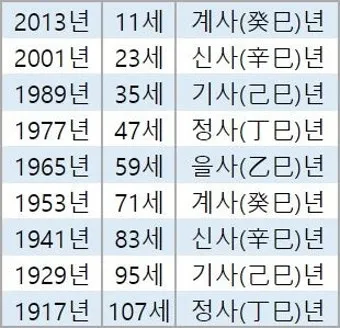 2025 뱀띠 나이 53년 65년 77년 89년 01년생 정리_5