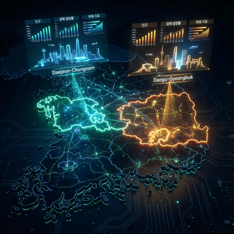 대충특별시와 대구경북특별시의 지리적 범위와 메가시티 통합의 핵심 지표를 시각화한 비교 인포그래픽