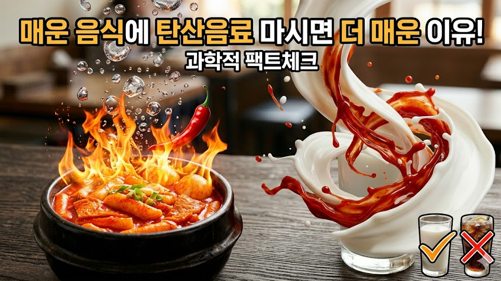매운 음식에 탄산음료 마시면 더 매운 이유! 과학적 팩트체크'라는 문구가 상단에 적혀 있고, 왼쪽에는 불타는 떡볶이와 탄산 기포가, 오른쪽에는 붉은 소스를 감싸 안는 하얀 우유 스플래시가 대조를 이루며, 우유에는 체크 표시, 탄산음료에는 엑스 표시가 그려진 블로그 썸네일 이미지