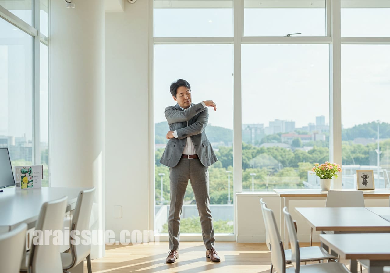 한국인이 사무실 휴게공간에서 어깨 스트레칭을 하며 중간 휴식을 취하고 있습니다. 일상 속 건강 루틴을 적용하는 실제적인 상황입니다.