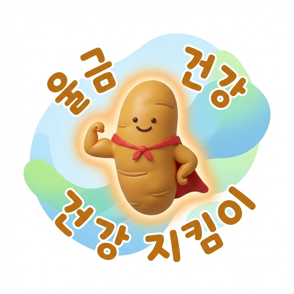 귀여운 울금 캐릭터가 망토를 두르고 건강을 지키는 모습, 울금 건강 지킴이라는 한글 문구가 함께 있는 3D 카툰 일러스트.