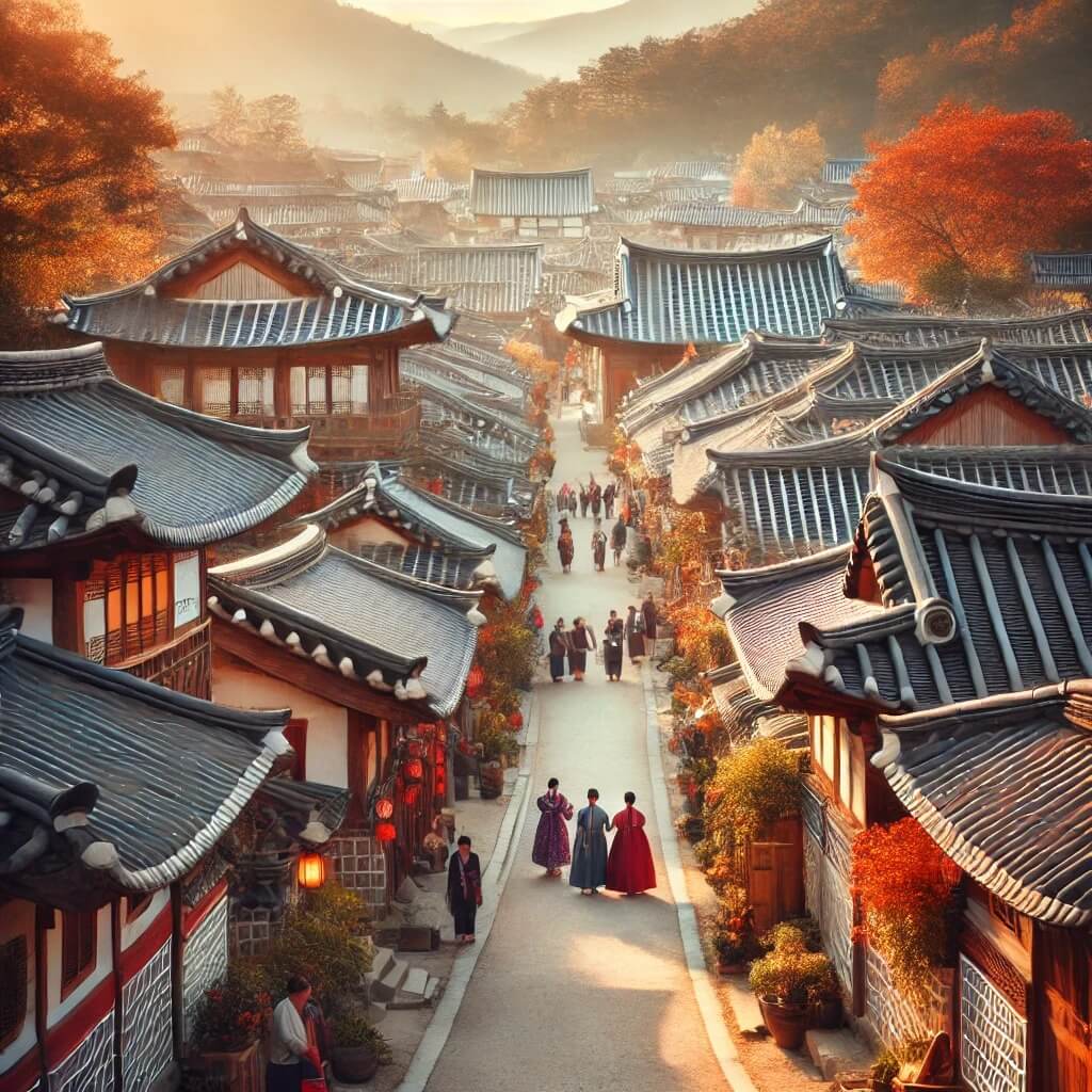 전주 한옥마을의 전통 한옥과 가을 단풍이 어우러진 아름다운 거리, 한복을 입고 거닐며 문화를 즐기는 사람들