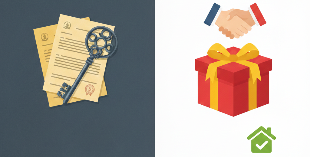 상속(사망 후 재산 이전)과 증여(생전 재산 이전) 개념을 나타내는 아이콘 이미지. 왼쪽에는 서류와 열쇠로 상속을, 오른쪽에는 악수하는 손과 선물 상자로 증여를 상징함