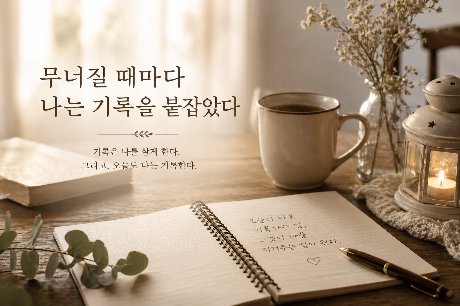 따뜻한 조명 아래 펼쳐진 노트와 펜, 기록을 이어가는 조용한 밤의 순간