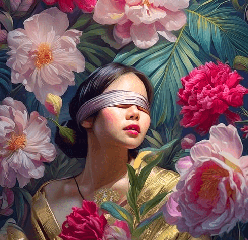 동양인 여자가 눈가리개로 두 눈을 감고 있다. 주변엔 아주 커다란 하얀 꽃들, 빨간 꽃이 가득하다.