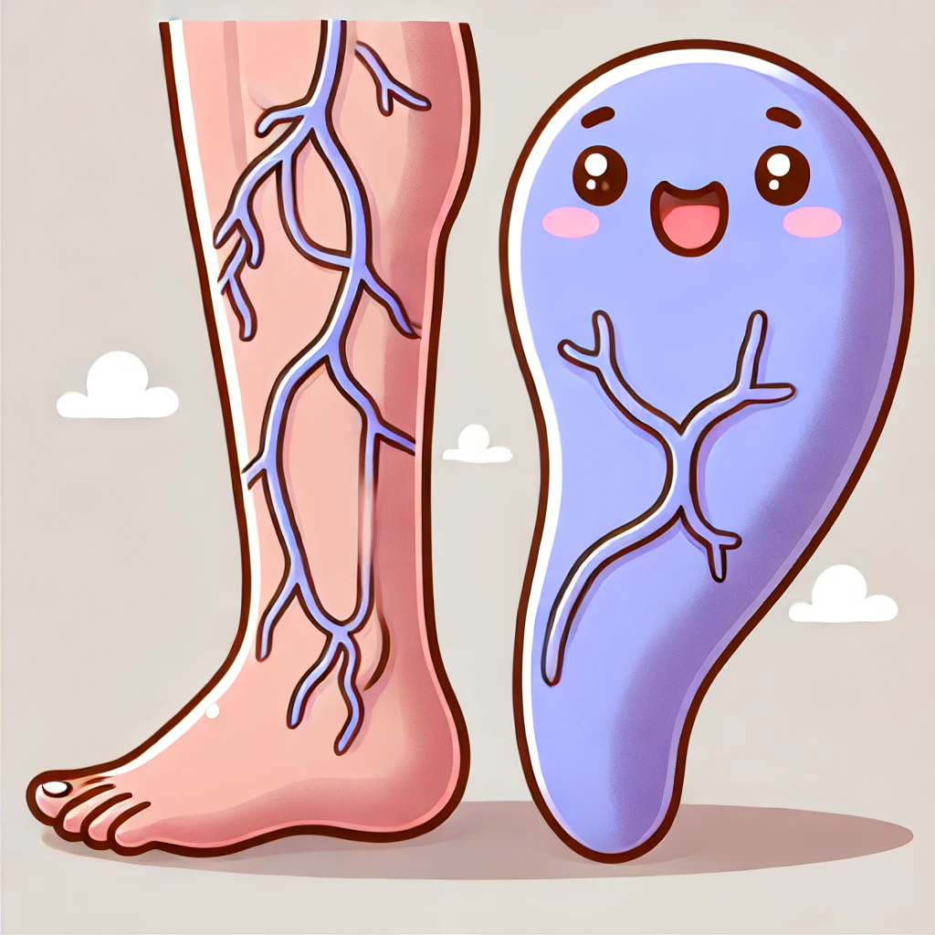 다리에 보라색 혈관이 튀어나온 귀여운 일러스트 그림
