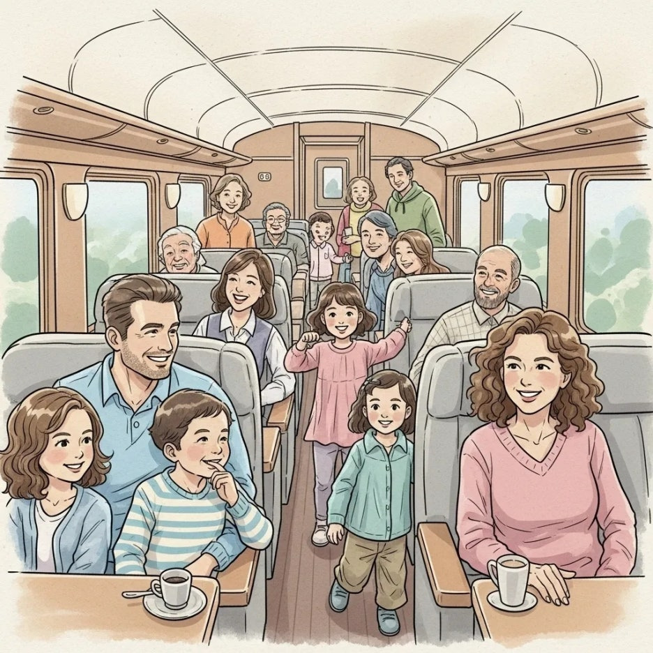 해랑열차에서 즐거운 시간을 보내는 승객들의 모습