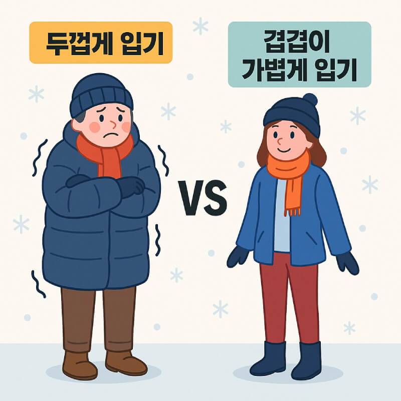 겨울철 두꺼운 옷을 껴입은 사람 vs 겹겹이 가볍게 입은 사람 인포그래픽