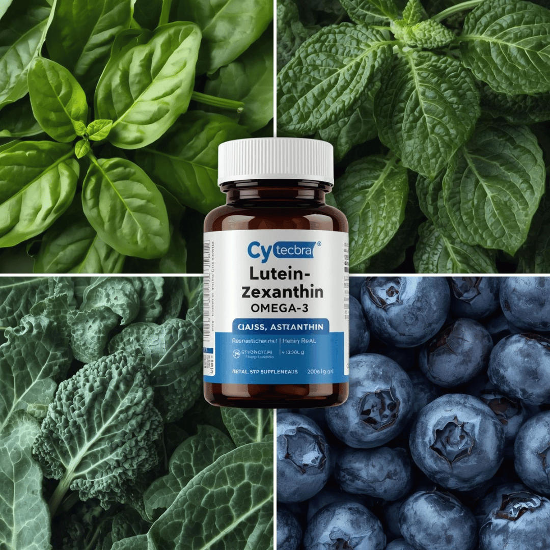루테인, 지아잔틴, 오메가3, 아스타잔틴 등이 적힌 영양제 캡슐과 함께 눈에 좋은 채소(시금치, 케일, 블루베리) 이미지가 어우러진 콜라주