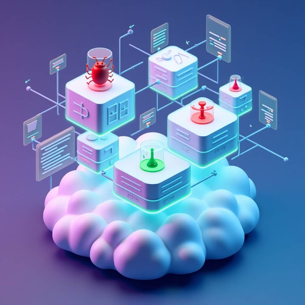 오픈AI데브데이: 클라우드 기반 병렬 작업 처리 시스템을 표현한 3D 일러스트. 다양한 높이의 데이터베이스 스택들이 플랫폼 위에 배치되어 독립적인 작업 환경을 시각화함.