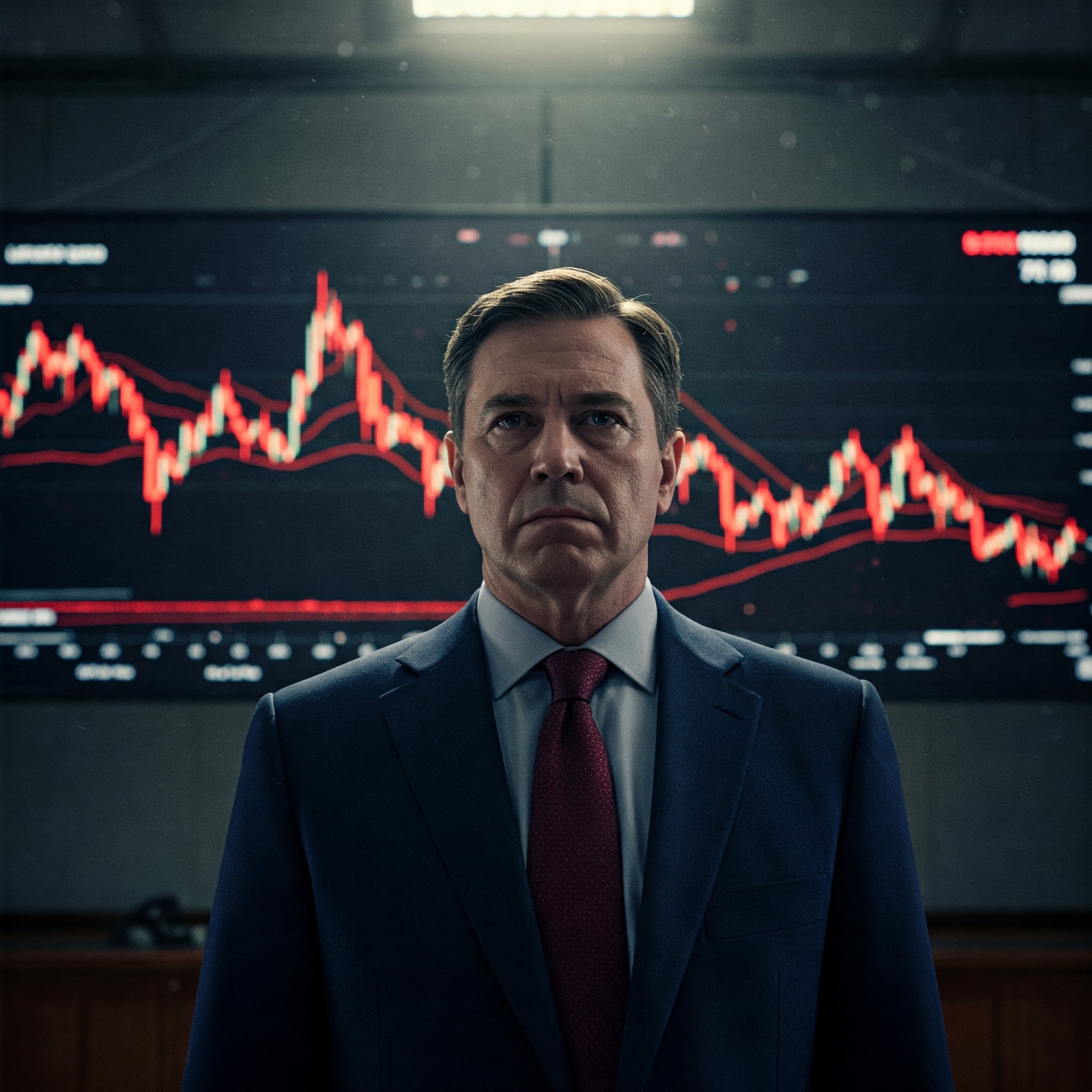 암울한 표정의 남자가 슈트와 넥타이를 입고 대형 화면에 주가 폭락 그래프가 표시된 채 서 있습니다. 어두운 분위기가 암울함을 더합니다.