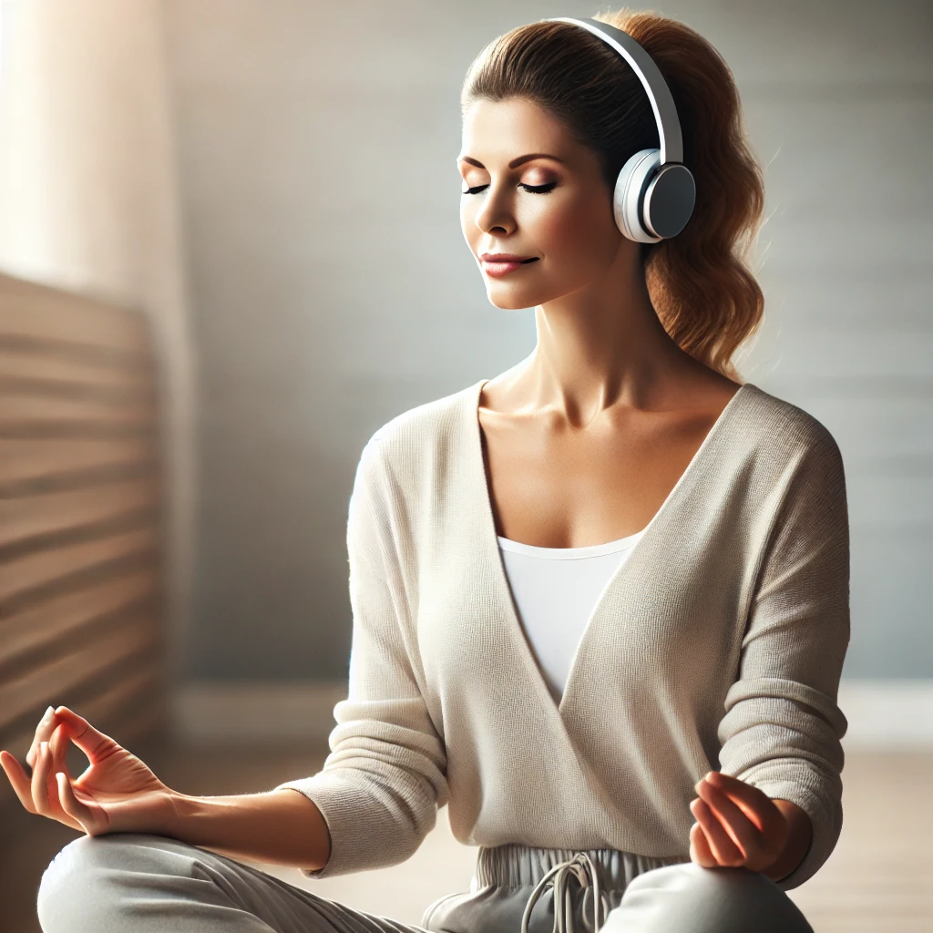 명상앱을 들으며 편안하게 명상하는 여자