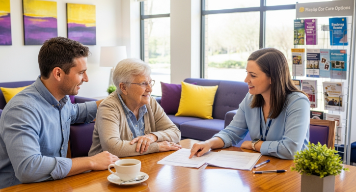노인과 보호자가 사회복지사와 함께 노인복지 서비스 상담을 받는 모습