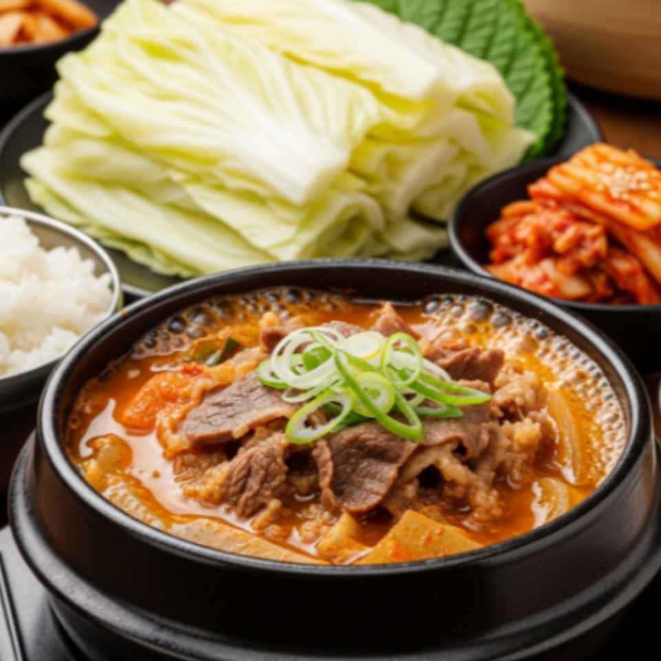 뚝배기에 담긴 차돌박이 강된장과 양배추 쌈과 흰쌀밥이 차려진 한 상