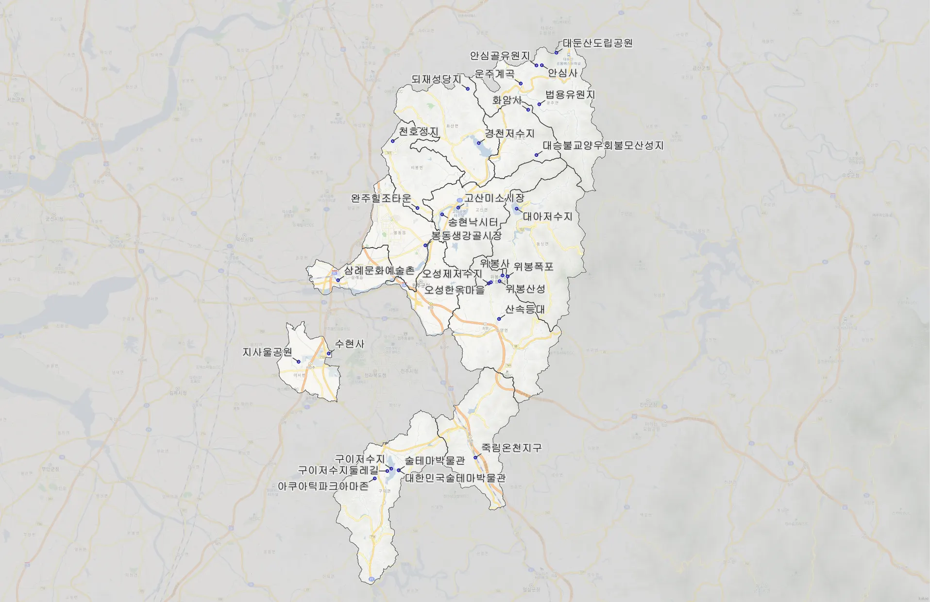 완주 관광지 추천 30 위치도