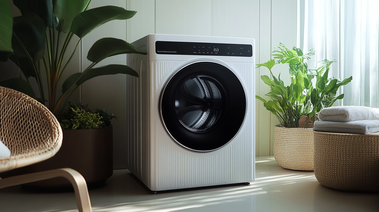 Bixby 음성 명령으로 작동하는 세탁기가 있는 정돈된 집안 풍경, 손쉬운 세탁물을 위한 무선 조작을 보여주는 모습