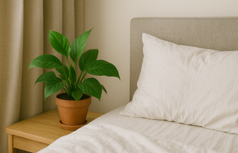 침실에 식물이 놓여있는 사진