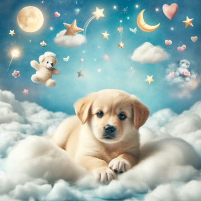 구름 위에 편안히 자고 있는 강아지와 별, 하트, 구름이 떠있는 평화로운 장면.