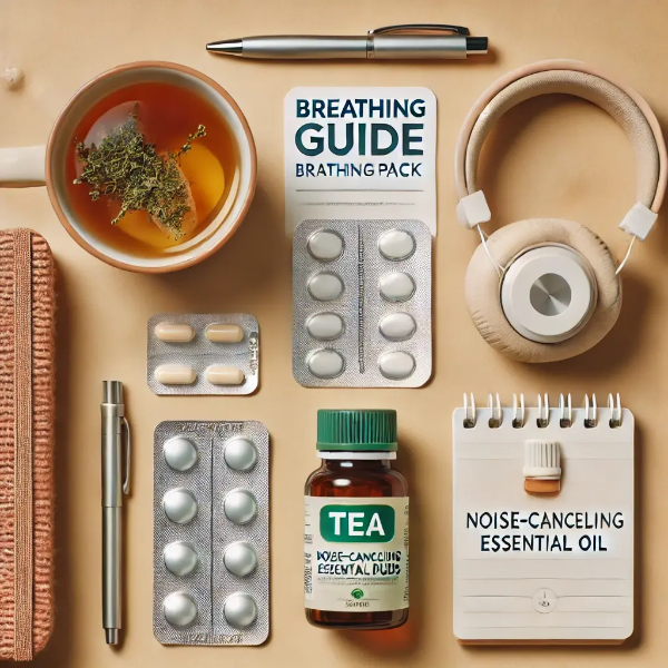 항불안제, 허브차, 호흡 가이드 등 공황장애 대처용 아이템 정물 이미지