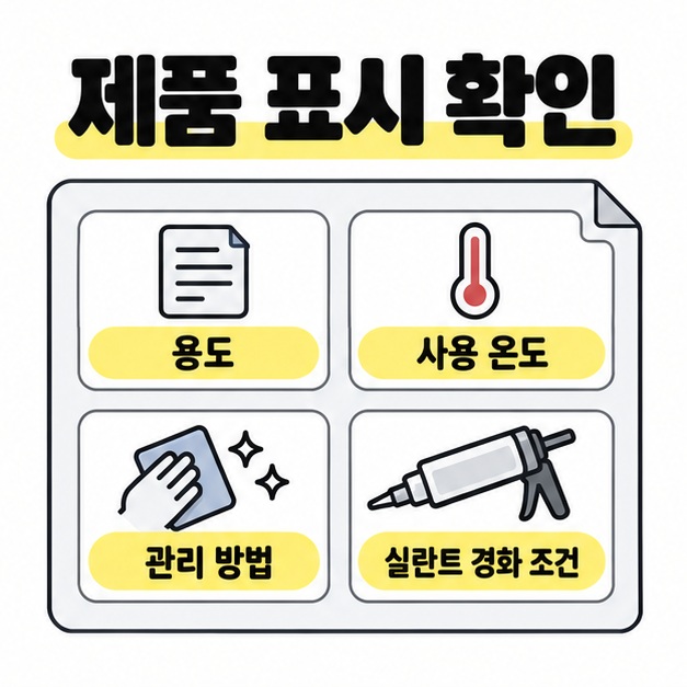 실리콘 제품의 용도와 사용 온도, 관리 방법 및 실란트 경화 조건을 확인하는 정보 도식