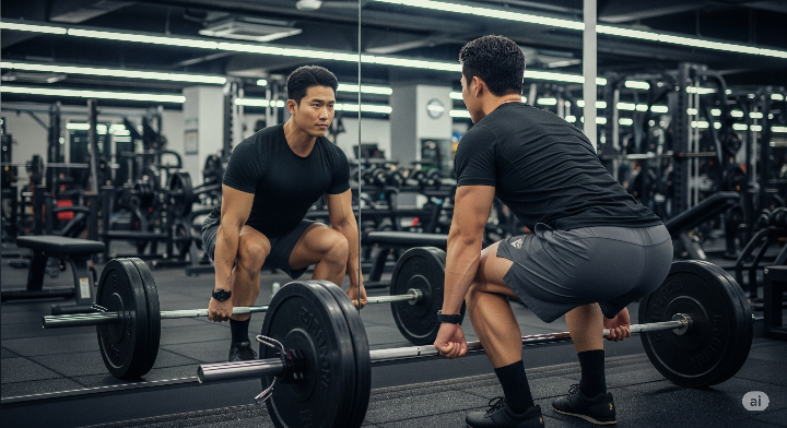 헬스장에서 바벨을 이용해 데드리프트 자세를 취하는 남성. 거울을 보며 자세를 확인하고 있다.