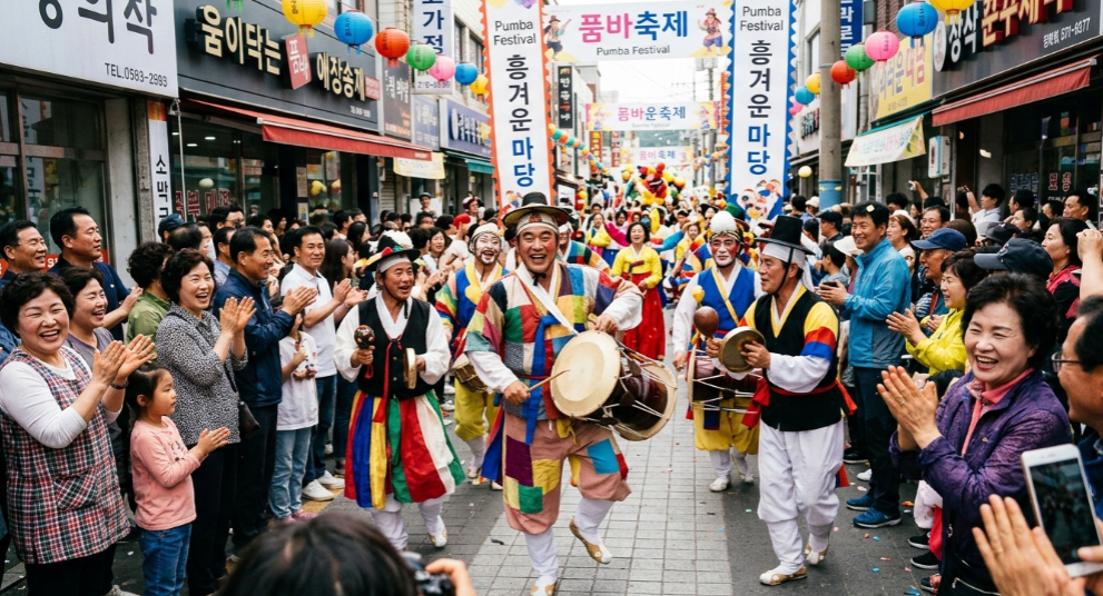 품바 길놀이 퍼레이드에서 신명 나게 춤추는 사람들과 웃고 있는 관람객들의 모습