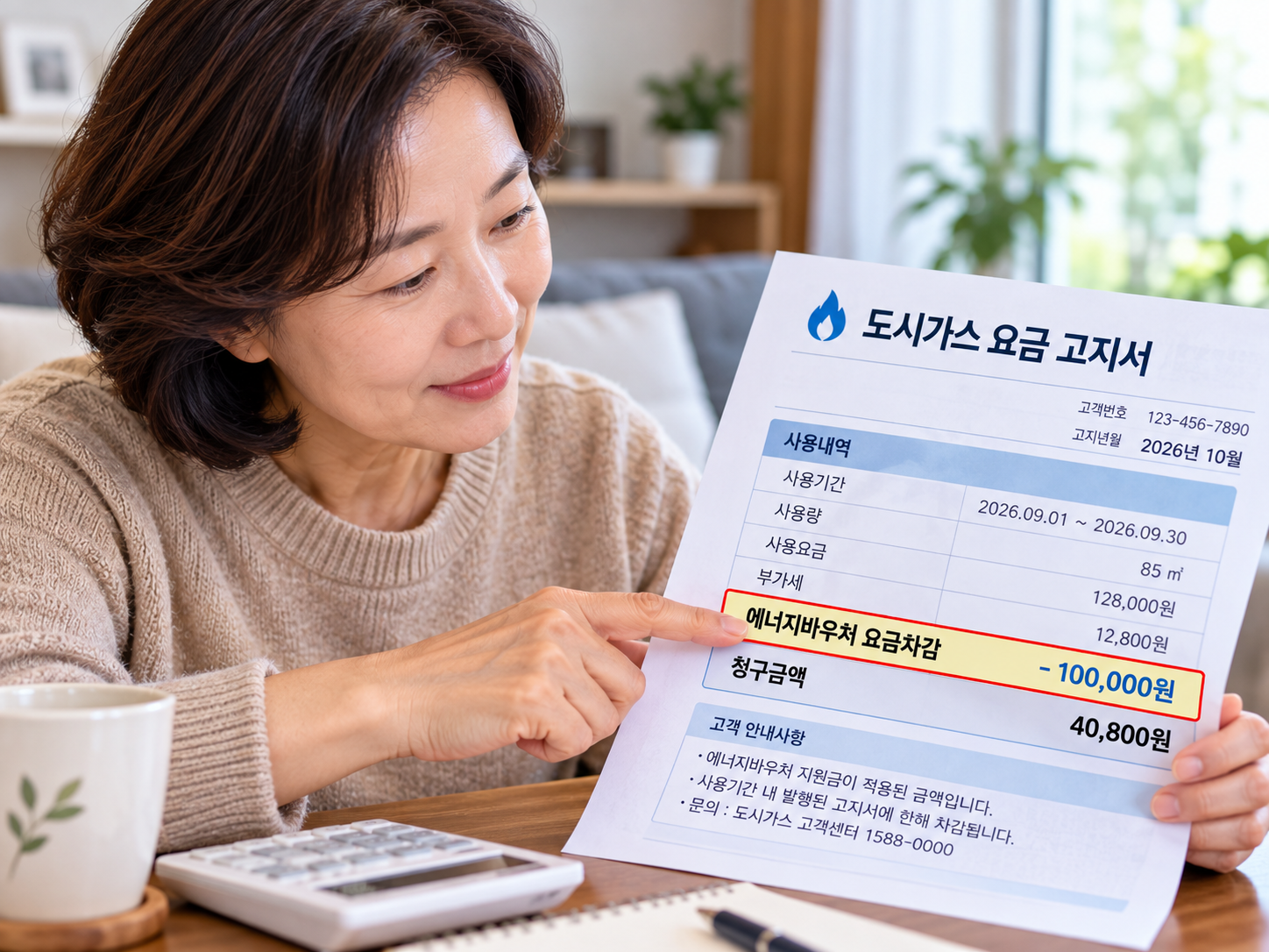 도시가스 고지서에서 에너지바우처 요금차감 내역을 확인하는 모습
