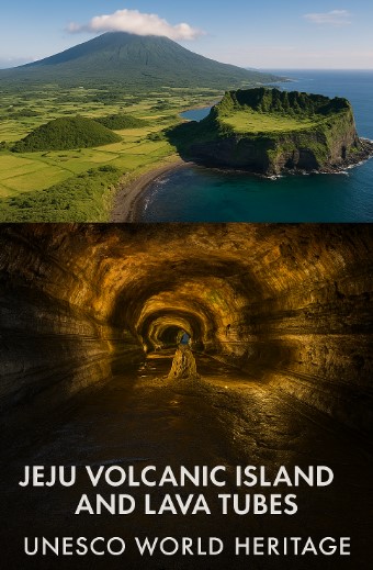 한라산과 성산일출봉, 용암동굴 내부 전경, 제주 화산섬 세계유산을 보여주는 이미지