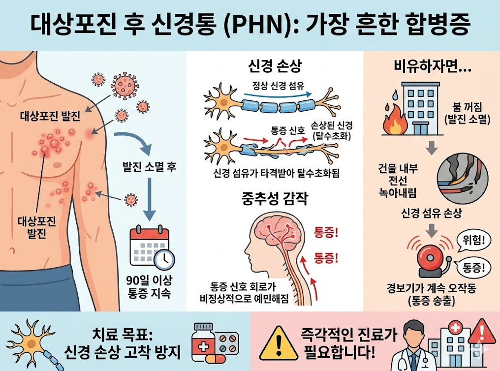 대상포진 후 신경통(PHN)의 신경 손상 과정과 만성 통증 발생 원리를 설명하는 인포그래픽