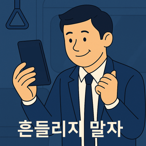 지하철 내부에서 핸드폰 화면을 바라보며 부드럽게 미소 짓는 김대리. 화면에는 흐릿하게 '자동매수 설정' 문구가 보이며, 조용한 다짐의 분위기 속에 "흔들리지 말자"라는 보조 문구가 삽입된 플랫 스타일 일러스트.