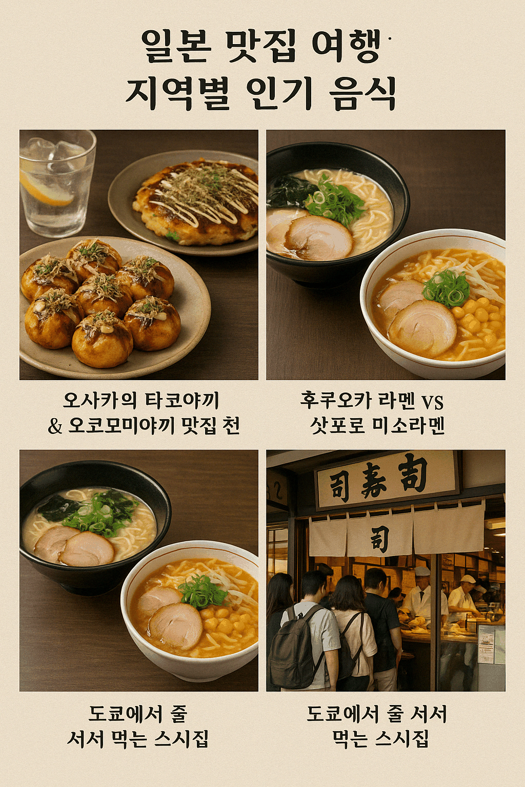 일본의 지역별 인기 음식인 오사카의 타코야끼·오코노미야끼, 후쿠오카와 삿포로의 라멘, 도쿄의 줄 서서 먹는 스시집 이미지