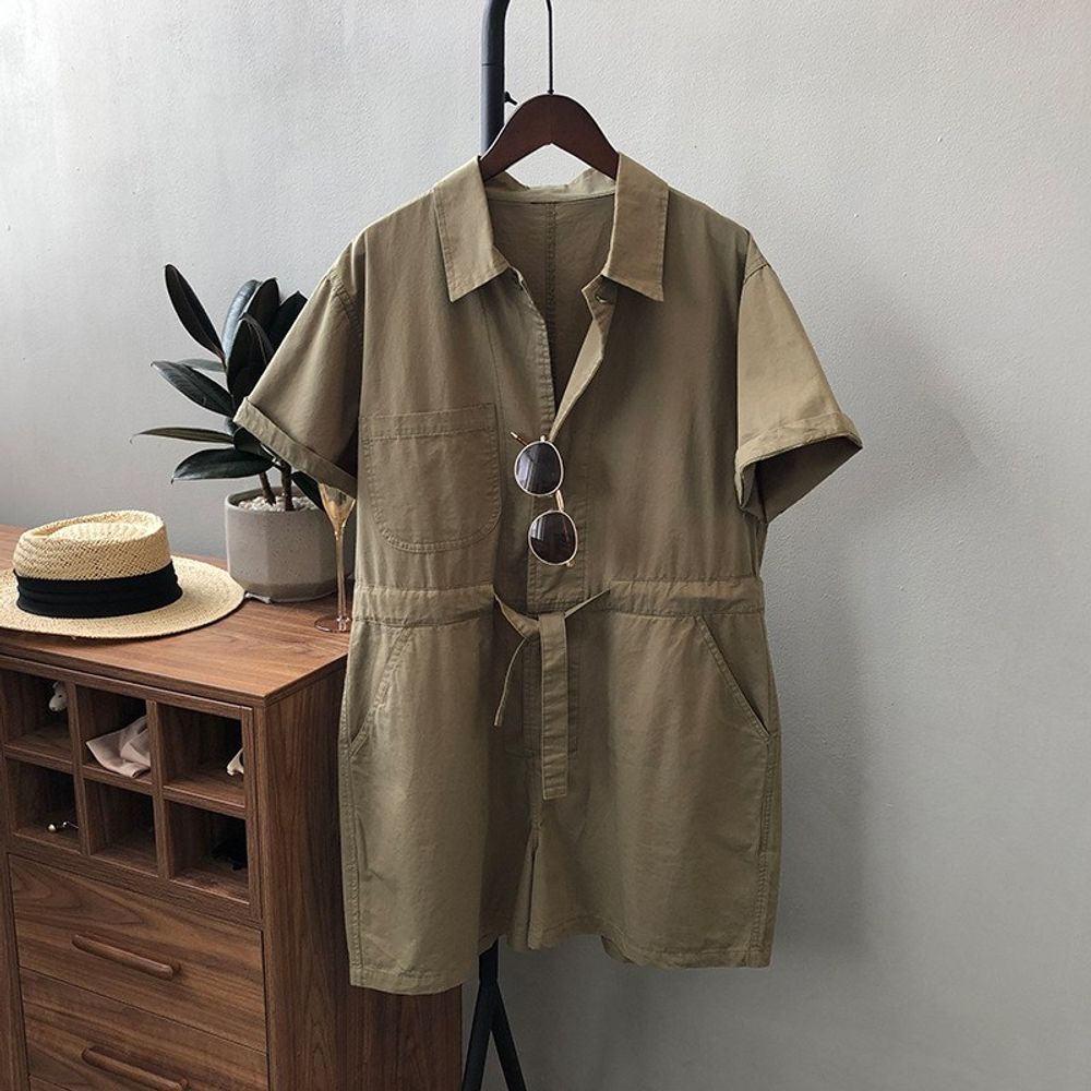 사파리점프수트 카키점프수트 하프 미니 허리밴딩 캐주얼