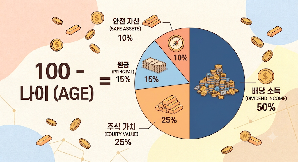100에서 나이를 빼는 계산식과 원그래프로 표현한 자산배분 비중 이미지