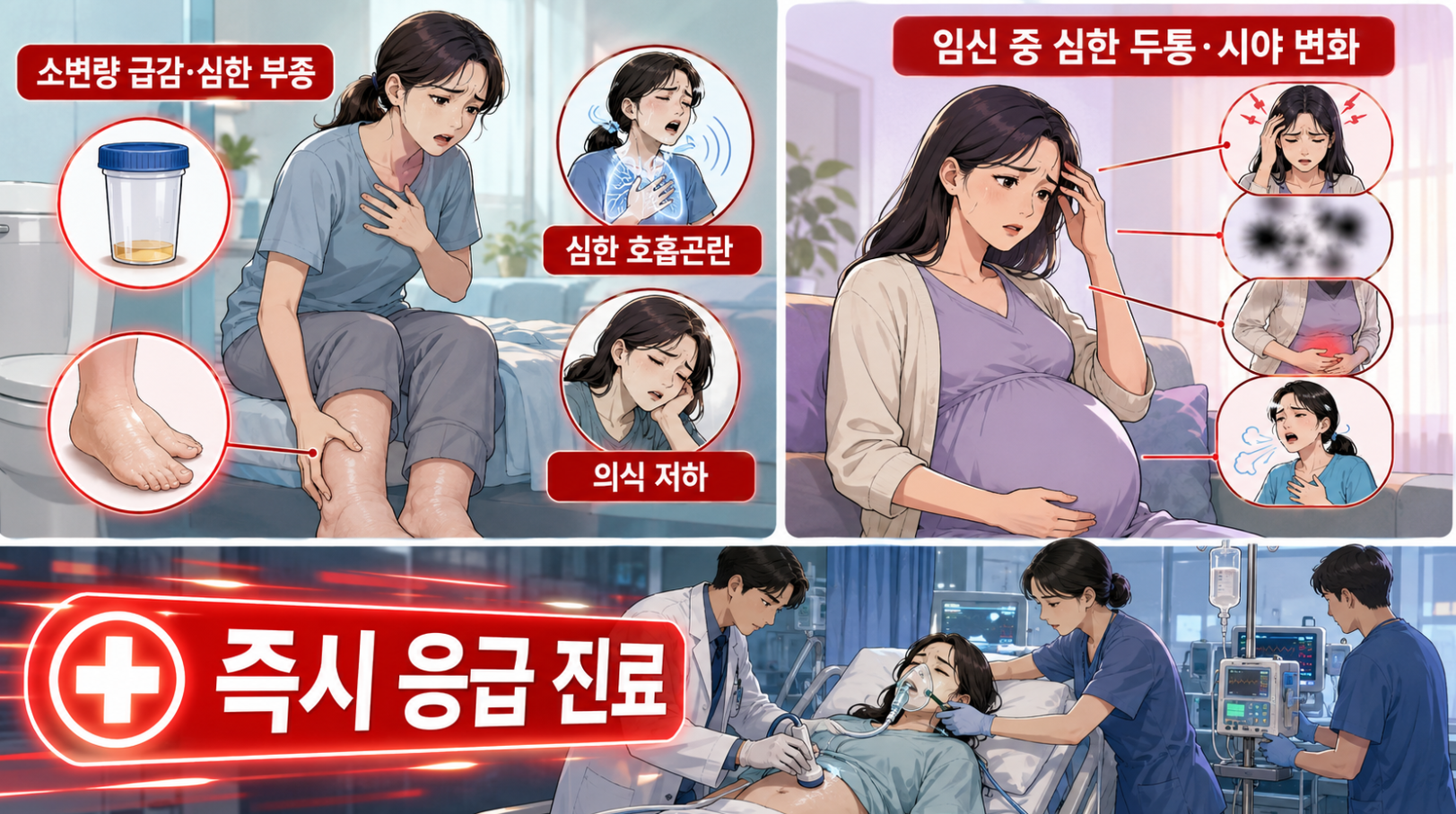 소변량 급감·심한 부종·호흡곤란·의식 저하와 임신 중 위험 증상의 응급 진료 기준을 설명하는 이미지