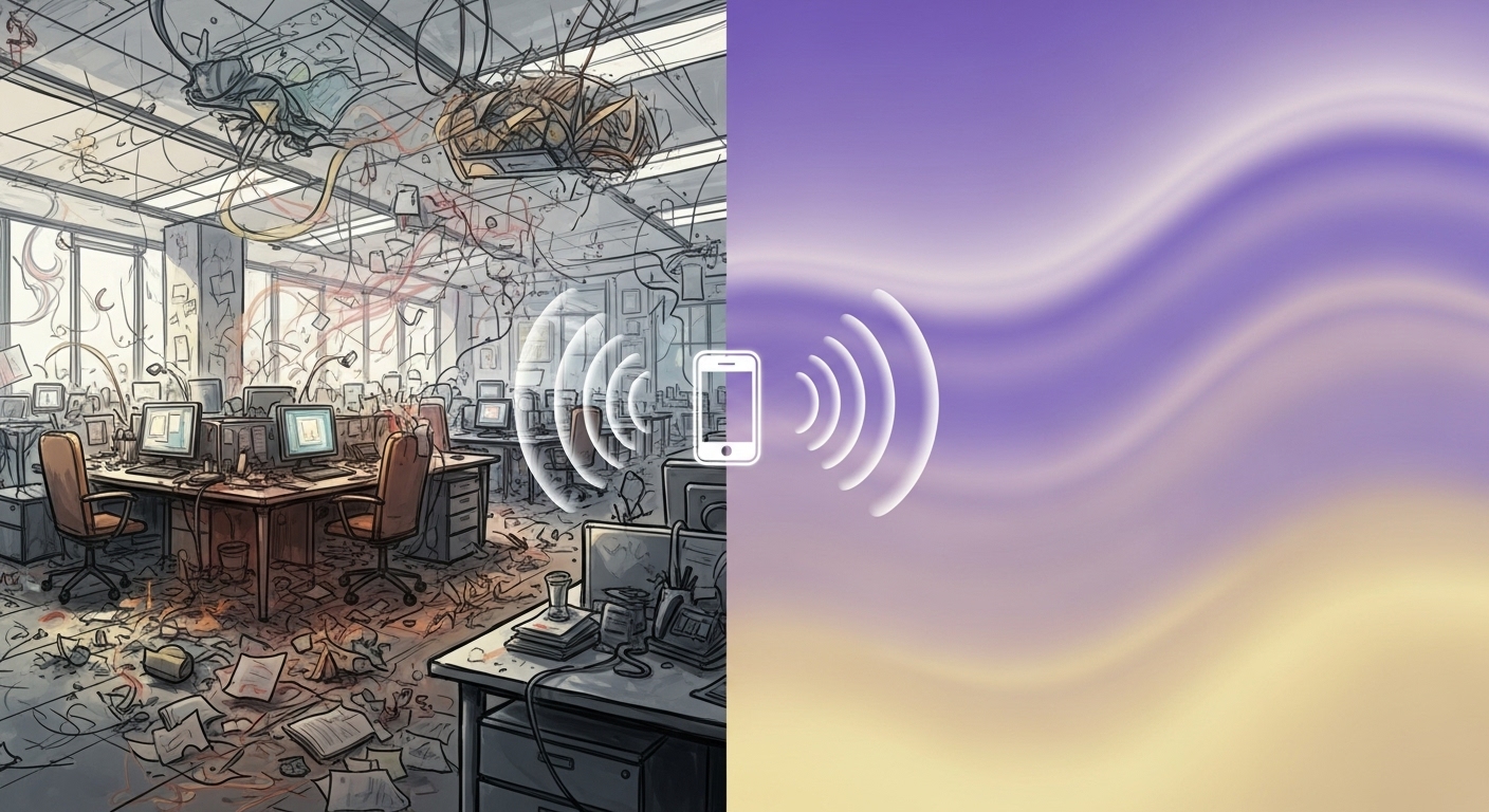 복잡한 업무 스트레스와 정신 건강 앱이 제공하는 평온함을 대비하여 보여주는 추상적인 이미지.