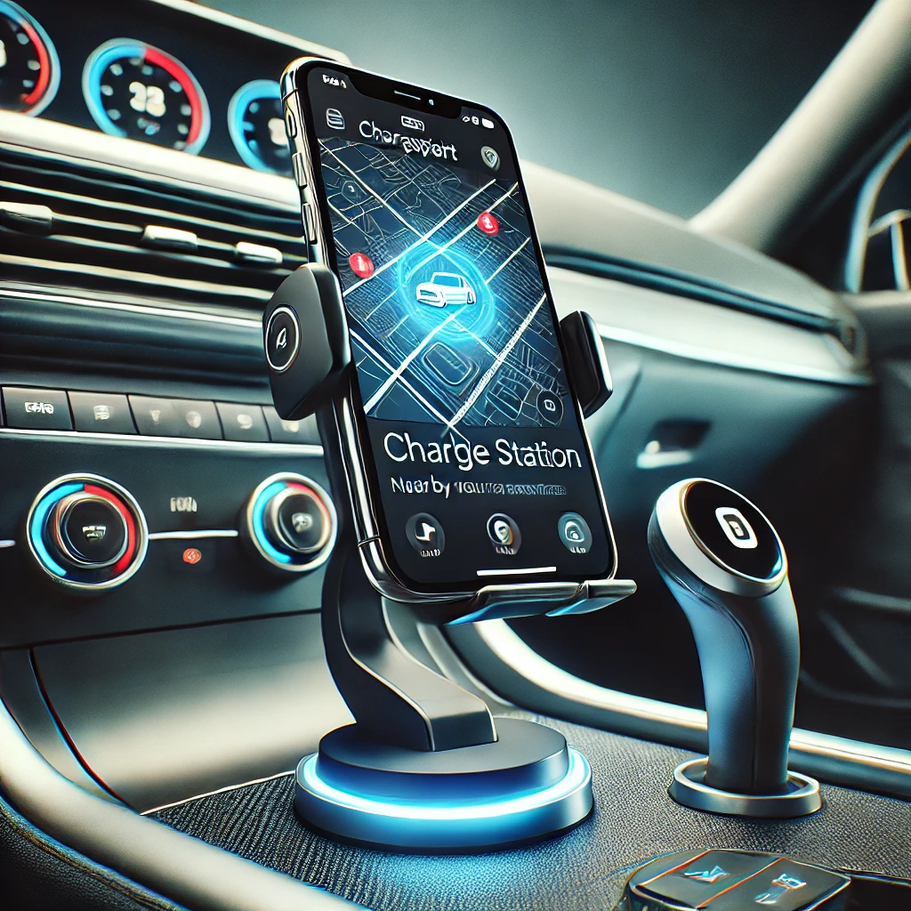 차량 거치대에 설치된 스마트폰에서 ChargePoint와 유사한 앱 실행 화면. 